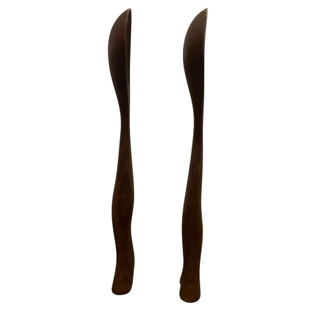 Artisan MCM Walnut Wood Salad Servers - Handcrafted Elegance Dances with Arugula